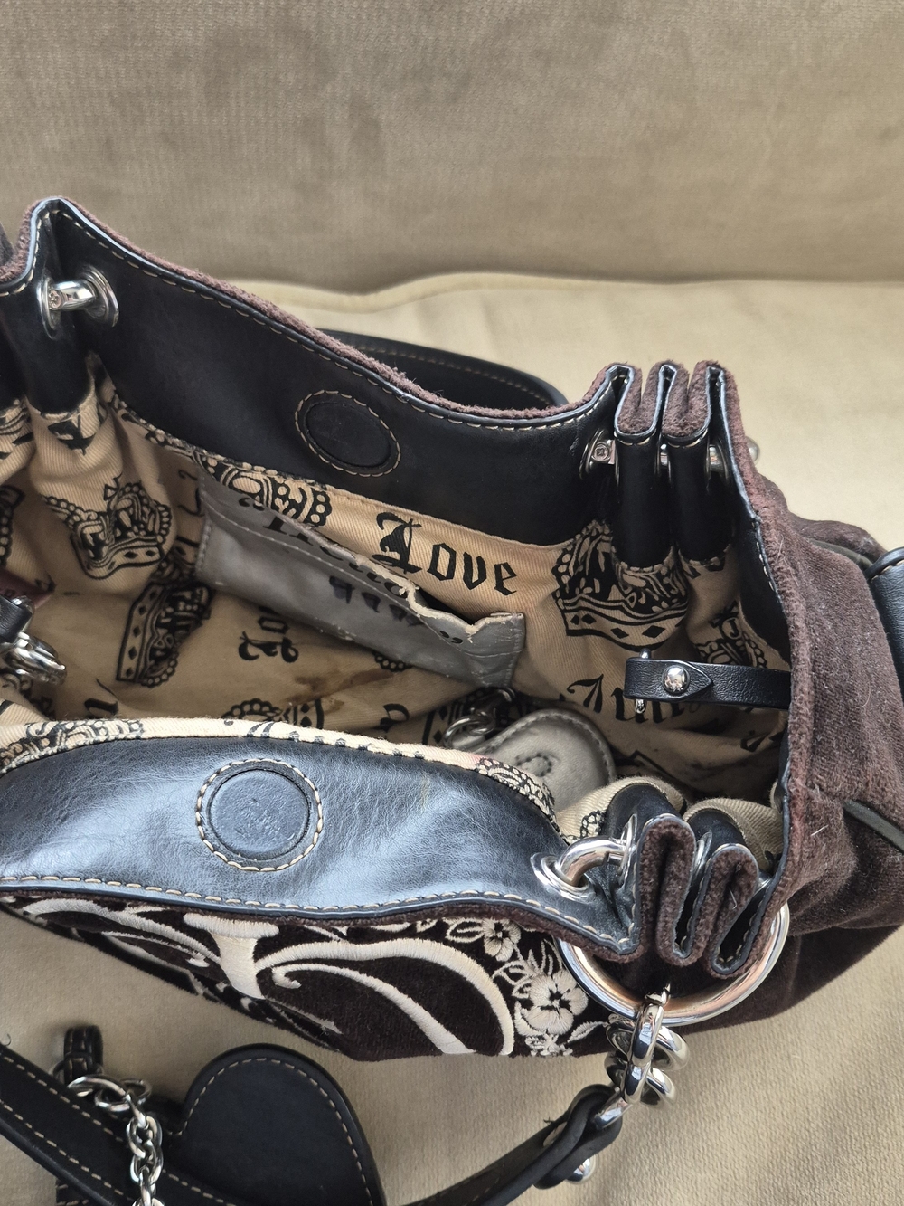 Vintage Juicy Couture Daydreamer Velour Tote Bag Brown Y2K Silver Crest Heart - Picture 13 of 17